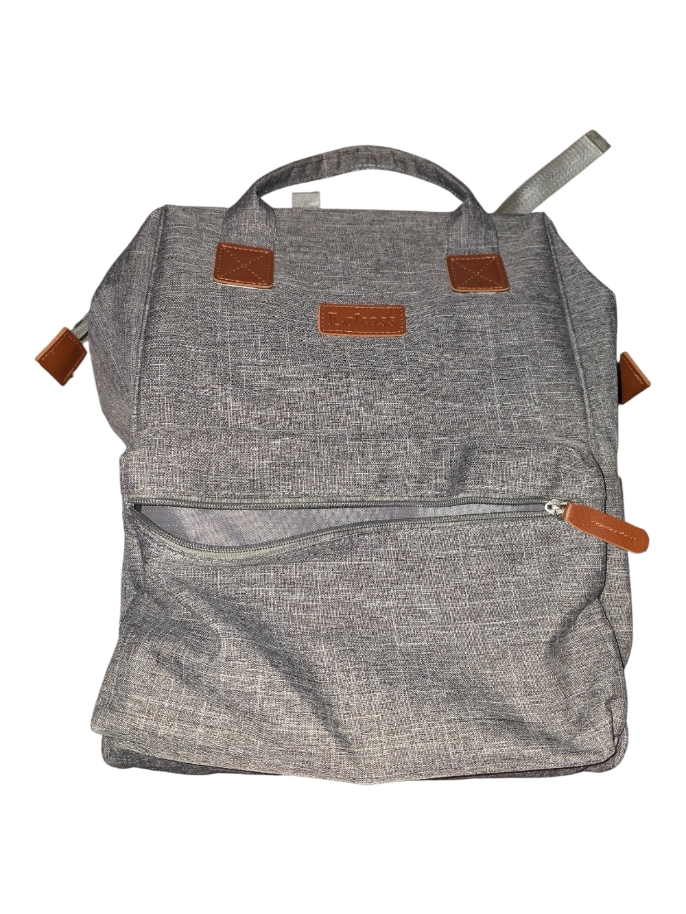 Gray Laptop Backpack with Tan Accent Details